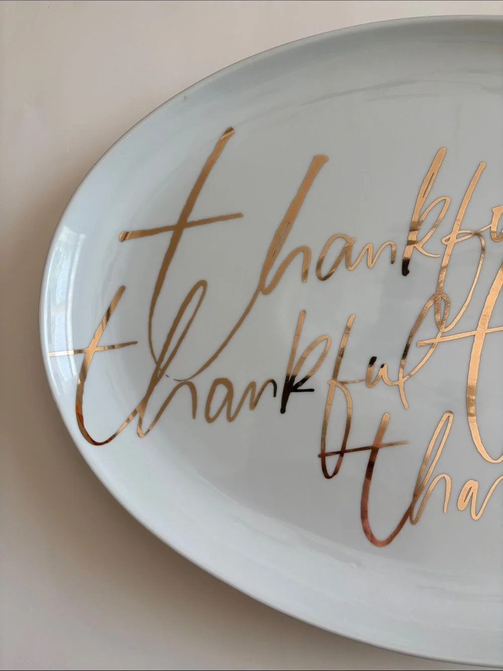 Crate and Barrel Oval Thankful Platter White and Gold 17.75”